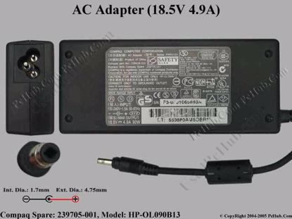 Picture of Compaq Evo Series AC Adapter- Laptop 239705-001(HP-OL090B13), 18.5V 4.9V, Tip T