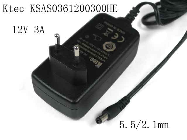 12V 3A, Barrel 5.5/2.1mm, EU 2-Pin Plug KSAS0361200300HE Ktec