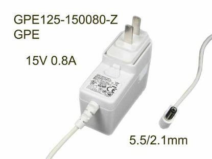 Picture of GPE GPE125-150080-Z AC Adapter 13V-19V 15V 0.8A, Barrel 5.5/2.1mm, US 2-Pin Plug, "White"