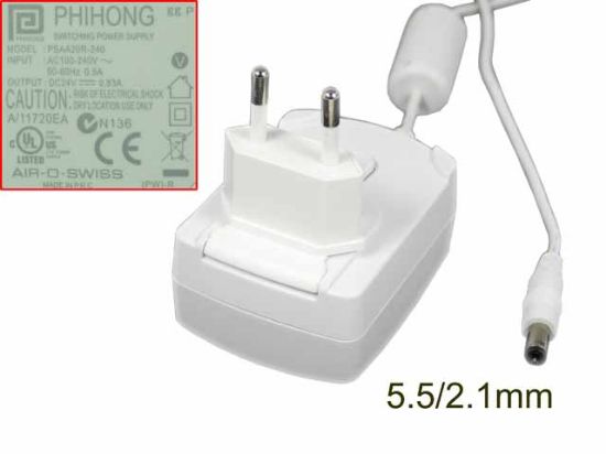 Picture of PHIHONG PSAA20R-240 AC Adapter 20V & Above 24V 0.83A, 5.5/2.1mm, EU 2P
