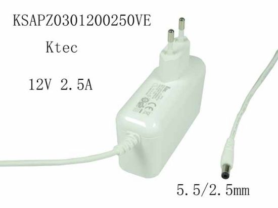 Picture of Ktec  KSAPZ0301200250VE AC Adapter 5V-12V 12V 2.5A, 5.5/2.5mm, EU 2P Plug, New, "White"