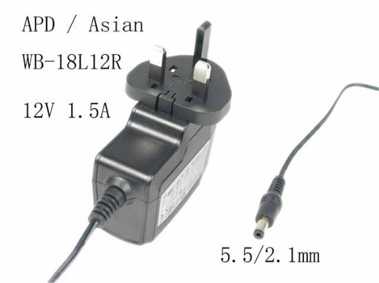 Picture of APD / Asian Power Devices WB-18L12R,  WB-18D12R, AC Adapter 5V-12V 12V 1.5A, Barrel 5.5/2.1mm, UK 3-Pin Plug