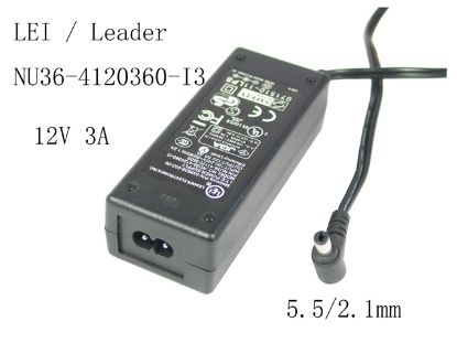 Picture of LEI / Leader NU36-4120360-I3 AC Adapter - NEW Original 12V 3A, 5.5/2.1mm, 2-Prong