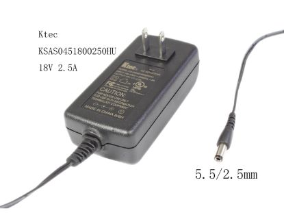 Picture of Ktec KSAS0451800250HU AC Adapter 13V-19V 18V 2.5A, 5.5/2.5mm, US 2P Plug, New
