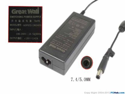 Picture of Great Wall ADP65S-1903420 AC Adapter- Laptop 19V 3.42A, 7.4 /5.0MM Barrel Tip, 3P,