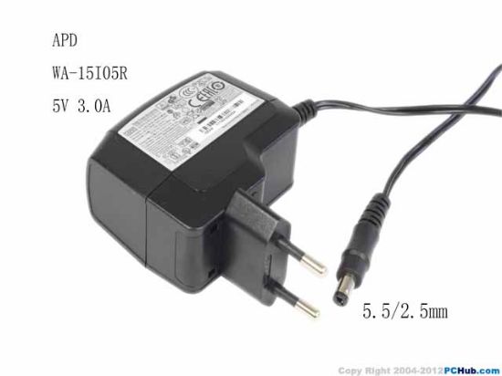 Picture of APD / Asian Power Devices WA-15I05R AC Adapter 5V-12V 5V 3.0A, Barrel 5.5/2.1mm, EU 2-Pin Plug