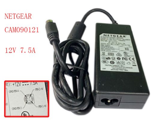 Picture of NETGEAR CAM090121 AC Adapter 5V-12V 12V 7.5A, 4-Pin Din, 3-Prong