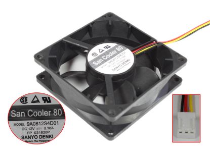 Picture of Sanyo Denki 9A0812S4D01 Server - Square Fan sq80x80x25mm, 3-wire, 12V 0.18A