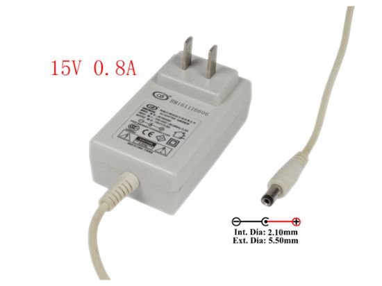 Picture of Other Brands  AC Adapter- Laptop 15V 0.8A, Barrel 5.5/2.1mm, US 2-Pin Plug, "White"