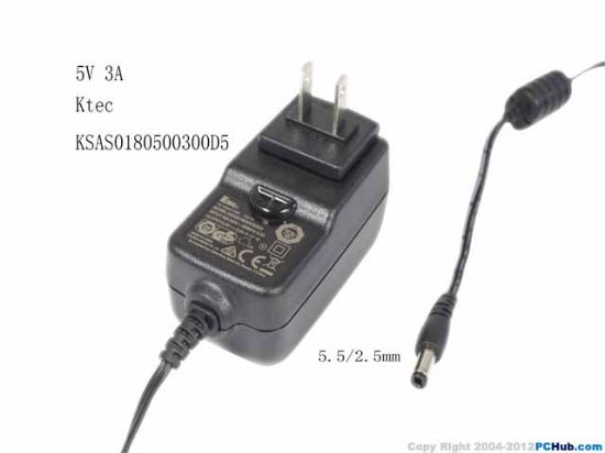 Picture of Ktec  KSAS0180500300D5, AC Adapter 5V-12V 5V 3A, 5.5/2.5mm, US 2P Plug, New