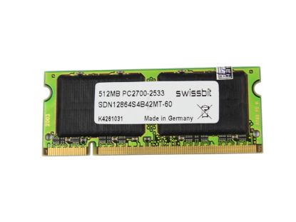 Picture of Swissbit SDN12864S4B42MT-60 Laptop DDR-333 512MB, DDR-333, PC2700S, SDN12864S4B42MT-60, Lapto