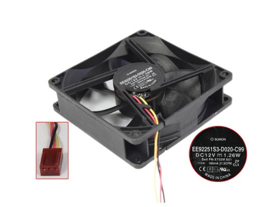 Picture of SUNON EE92251S3-D020-C99 Server - Square Fan X755M, sq92x92x25, 3-wire, 12V 1.26W