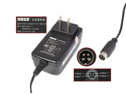 Picture of MOSO XKD-C1500IC12.0-18B-CN AC Adapter 5V-12V 12V 1.5A, 4P P1&4=V+, US 2P Plug, New