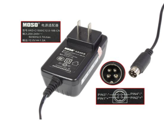 Picture of MOSO XKD-C1500IC12.0-18B-CN AC Adapter 5V-12V 12V 1.5A, 4P P1&4=V+, US 2P Plug, New