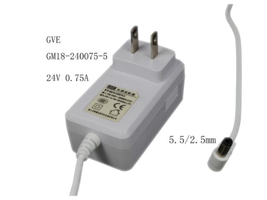 Picture of GVE GM18-240075-5 AC Adapter- Laptop 24V 0.75A, Barrel 5.5/2.5mm, US 2-Pin Plug