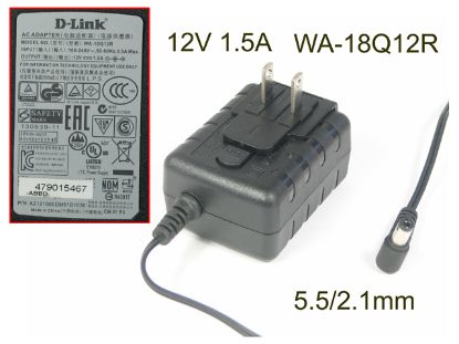 Picture of D-Link  WA-18Q12R AC Adapter  12V 1.5A, Barrel 5.5/2.1mm, US 2-Pin Plug