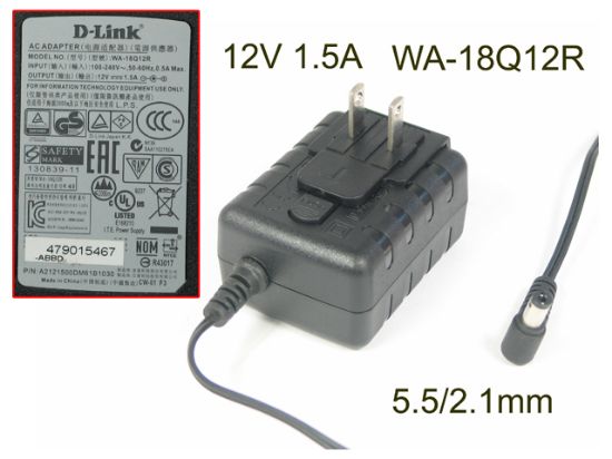 Picture of D-Link  WA-18Q12R AC Adapter  12V 1.5A, Barrel 5.5/2.1mm, US 2-Pin Plug