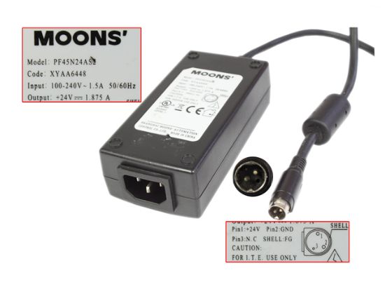 Picture of MOONS PF45N24AS2 AC Adapter 20V & Above 24V 1.875A, 2-Pin Din, IEC C14