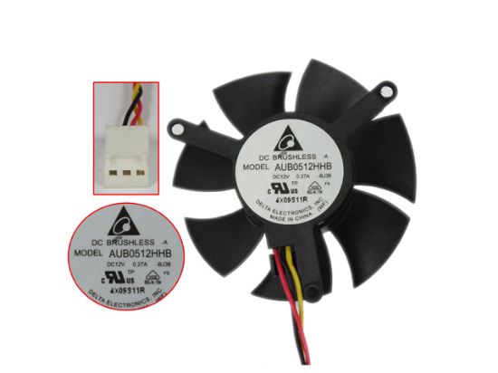 Picture of Delta Electronics AUB0512HHB Server - Frameless / GPU Fan BJ38, DC 12V 0.27A, W60x3x3, Black
