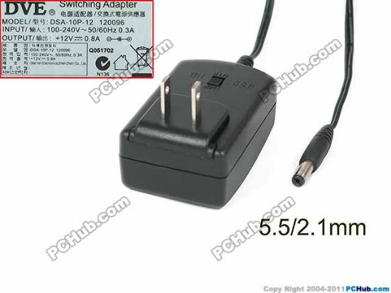 Picture of DVE DSA-10P-12 AC Adapter 5V-12V 12V 0.8A, Barrel 5.5/2.1mm, US 2-Pin Plug