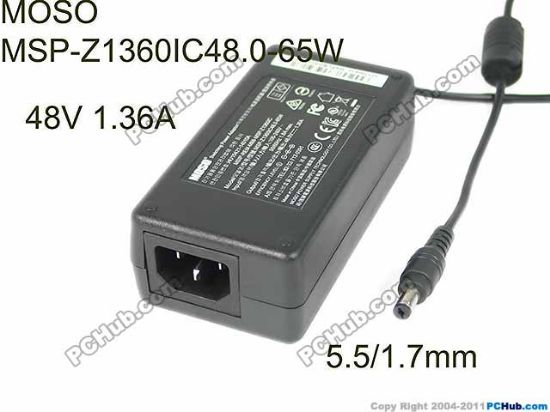 Picture of MOSO MSP-Z1360IC48.0-65W AC Adapter 20V & Above 48V 1.36A, Barrel 5.5/1.7mm, IEC C14