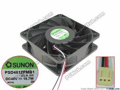 Picture of SUNON PSD4812PMB1 Server - Square Fan (2).R.I55, sq120x120x38mm, 3-wire, DC 48V 18.7W