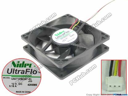 Picture of Nidec U92T12MGB7-53 Server - Square Fan J33, sq92x92x25mm, w50x3x3, 12V 0.18A