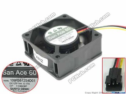 Picture of Sanyo Denki 109R0612S4D01 Server - Square Fan , sq60x60x25mm, w80x3x3, DC 12V 0.17A