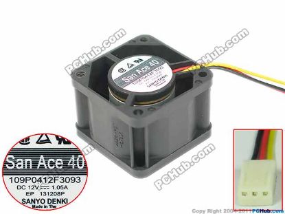 Picture of Sanyo Denki 109P0412F3093 Server - Square Fan SF40x40x28, w60x3x3, 12V 0.105A