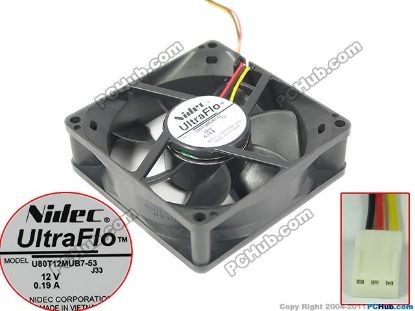 Picture of Nidec U80T12MUB7-53 Server - Square Fan J33, sq80x80x25, w200x3x3, 12V 0.19A