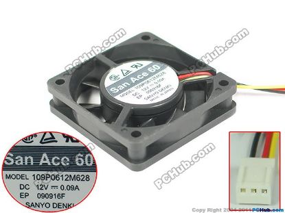 Picture of Sanyo Denki 109P0612M628 Server - Square Fan sq60x60x15, 3w, DC 12V 0.09A 