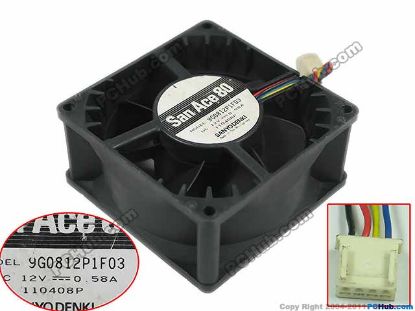 Picture of Sanyo Denki 9G0812P1F03 Server - Square Fan sq80x80x38mm, w70x4x4, 12V 0.58A