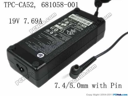 Picture of HP Common Item (HP) AC Adapter- Laptop 19V 7.69A, 7.4/5.0mm W/Pin, 3-Prong