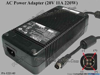 53130 LITE-ON PA-1221-03 AC Adapter - NEW Original 20V 11A, 4-Pin, P1&4=+, C14, New LITE-ON PA-1221-03 AC Adapter - NEW Original <p><strong><em>Brand NEW AC Adapter with 6 month warranty.</em></strong></p>
<p><span id="ctl00_ContentPlaceHolder1_ItemDesc1_lblItemDescription">Model No.: PA-1221-03</span></p>
<p>Input : 100-240V~ 4A 50-60Hz <br />
Output : 20V 11A 220W <br />
Connector: 4-pin DIN<br />
<br />
Dimensions:&nbsp;198 x&nbsp;97&nbsp;x 50 mm<br />
<br />
*Please take note,&nbsp;3&nbsp;wire (IEC C13) AC&nbsp;<a href="http://www.pchub.com/uph/category/356/Power-Core.html" shape="rect"><font color="#800080">power cord</font></a>&nbsp;not included.</p>
<p>&nbsp;&nbsp;&nbsp; </p>