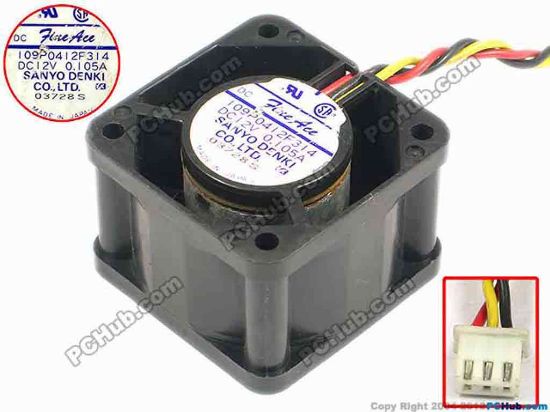 67091 Sanyo Denki 109P0412F314 Server - Square Fan sq40x40x28, w95x3x3, 12V 0.105A Sanyo Denki 109P0412F314 Server - Square Fan 