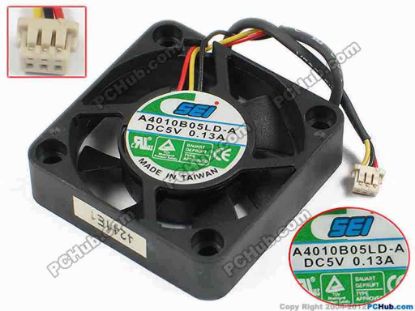 72722 SEI A4010B05LD-A Cooling Fan  sq40x40x10, w110x3x3, 5V 0.13A, Basre Fan SEI A4010B05LD-A Cooling Fan  