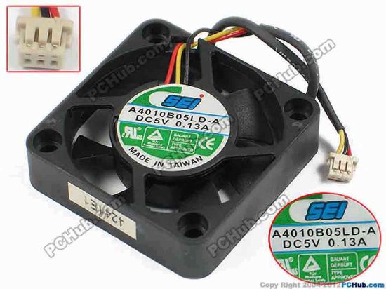 72722 SEI A4010B05LD-A Cooling Fan  sq40x40x10, w110x3x3, 5V 0.13A, Basre Fan SEI A4010B05LD-A Cooling Fan  