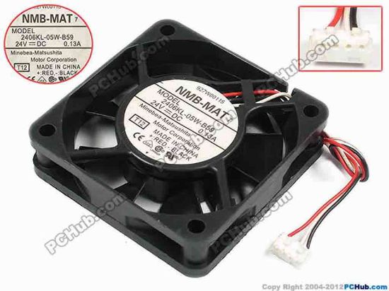 72850 NMB-MAT / Minebea 2406KL-05W-B59 Server - Square Fan T12, sq60x60x15, w100x3x4, 24V 0.13A NMB-MAT / Minebea 2406KL-05W-B59 Server - Square Fan 