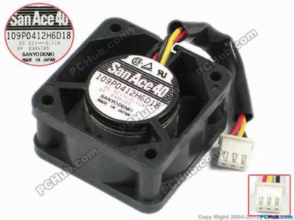 72858 Sanyo Denki 109P0412H6D18 Server - Square Fan sq40x40x20, w60x3x3, 12V 0.11A Sanyo Denki 109P0412H6D18 Server - Square Fan 
