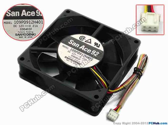 74565 Sanyo Denki 109P0912H401 Server - Square Fan sq92x92x25, w150x3x3, 12V 0.21A Sanyo Denki 109P0912H401 Server - Square Fan 