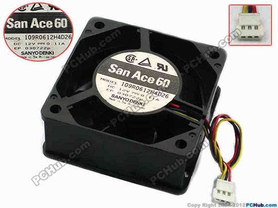 74888 Sanyo Denki 109R0612H4D26 Server - Square Fan sq60x60x25, w100x3x3, 12V 0.11A Sanyo Denki 109R0612H4D26 Server - Square Fan 
