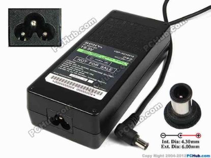 75218 Sony Vaio Parts AC Adapter- Laptop 19.5V 6.2A, 6.0/4.3mm With Pin, 3-Prong Sony Vaio Parts AC Adapter- Laptop SONY AC Adatper Model: VGP-AC19V16<br />
<br />
INPUT: 100-240V~ 1.6A-0.7A, 50-60Hz<br />
OUTPUT: 19.5V 6.2A 120W<br />
Connecter size: Int. Diameter: 4.30mm <br />
Ext. Diameter: 6.00mm <br />
<br />
Dimension: 155 x 66 x 37 mm<br />
<font color="#444444" face="Verdana"><br />
*Please take note, 3 wire AC <a href="http://www.pchub.com/uph/category/356/Power-Core.html">power cord</a> not included.</font>
