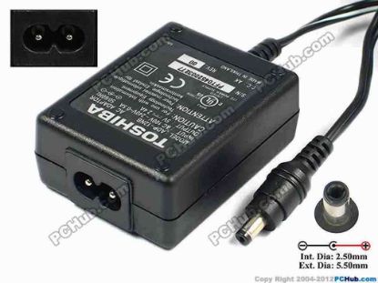75275 Toshiba Common Item (Toshiba) AC Adapter- Laptop 5V 2.4A, 5.0/1.7mm, 2-prong Toshiba Common Item (Toshiba) AC Adapter- Laptop <b>»In stock now ready to ship in 24 hours</b>.&nbsp;
<p><span class="span11" id="ctl00_ContentPlaceHolder1_ItemDesc1_Label19"></span></p><span class="span11" id="ctl00_ContentPlaceHolder1_ItemDesc1_lblItemDescription">Model: ADP-12NB<br />
<p>INPUT: 100-240V~ 0.5A, 50-60Hz <br />
OUTPUT: 5V 2.4A 12W<br />
Connecter size: Int. Diameter: 1.70mm <br />
Ext. Diameter: 5.00mm<br />
<br />
Dimensions: 65 x 50 x 26 mm</p>
<p>***Please take note, 2 wire AC <a href="http://www.pchub.com/uph/category/356-0-0-1-2/Laptop-Spare-Part.html"><font color="#810081">power cord</font></a> not included.</p></span>