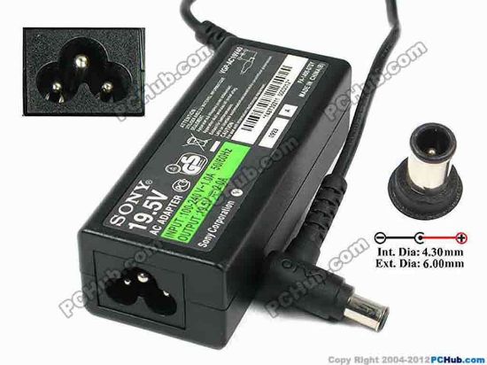 75309 Sony Vaio Parts AC Adapter- Laptop 19.5V 2A, Tip-E, 3-Prong, "NEW" Sony Vaio Parts AC Adapter- Laptop <p><span id="ctl00_ContentPlaceHolder1_ItemDesc1_lblItemName1">Sony Vaio Parts AC Power Adapter</span> </p>
<p><span id="ctl00_ContentPlaceHolder1_ItemDesc1_lblItemDescription">Model: VGP-AC19V40<br />
Sony P/N: 148739211,&nbsp;<font face="Arial"><span style="font-family: verdana, sans-serif">1-487-392-11</span><br />
</font><br />
INPUT: 100-240V~ 1.0A, 50-60Hz<br />
OUTPUT: 19.5V 2.0A 39W<br />
Connecter size: Int. Diameter: 4.30mm <br />
Ext. Diameter: 6.00mm<br />
Length: : 9.00mm<br />
</span></p>
<p>Dimension: 91 x 37 x 26 mm<br />
<br />
<font color="#444444" face="Verdana"><font color="#444444" face="Verdana"><font color="#444444" face="Verdana">*<font color="#444444" face="Verdana">Please take note, 3 wire AC <a href="http://www.pchub.com/uph/category/356/Power-Core.html"><font color="#800080">power cord</font></a> not included</font></font></font></font></p>