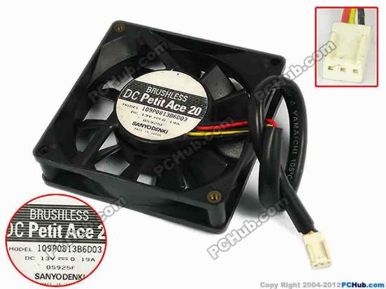 77327 Sanyo Denki 109P0813B6D03 Server - Square Fan sq80x80x20, w185x3x3, 13V 0.19A Sanyo Denki 109P0813B6D03 Server - Square Fan 
