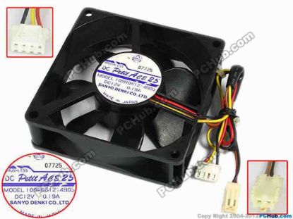 77416 Sanyo Denki 109R0812T4B03 Server - Square Fan sq80x80x25, 12V 0.19A Sanyo Denki 109R0812T4B03 Server - Square Fan 2 Cable: 120mm, 2-wire, 2-pin connect &amp; 210mm, 3-wire, 4-pin connect