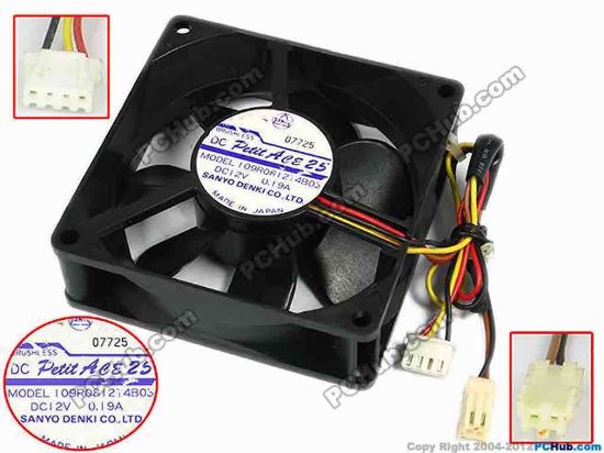 77416 Sanyo Denki 109R0812T4B03 Server - Square Fan sq80x80x25, 12V 0.19A Sanyo Denki 109R0812T4B03 Server - Square Fan 2 Cable: 120mm, 2-wire, 2-pin connect &amp; 210mm, 3-wire, 4-pin connect