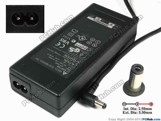 77741 Delta Electronics ADP-90AB AC Adapter- Laptop 19V 4.74A, 5.5/2.5mm, 2-Prong Delta Electronics ADP-90AB AC Adapter- Laptop <b>»In stock now ready to ship in 24 hours</b>. 
<p><span class="span11" id="ctl00_ContentPlaceHolder1_ItemDesc1_Label19"></span></p><span id="ctl00_ContentPlaceHolder1_ItemDesc1_lblItemDescription" style="font: 12px/20px verdana, arial, helvetica, sans-serif; color: #111111; font-size-adjust: none; font-stretch: normal;">
<p style="margin: 0px; padding: 0px;"><span id="ctl00_ContentPlaceHolder1_ItemDesc1_lblItemDescription" style="margin: 0px; padding: 0px;">Input : 100-240V 1.4A, 50/60Hz <br style="margin: 0px; padding: 0px;" />
Output : 19V 4.74A 90W </span></p>
<div>Connecter size: Int. Diameter:  2.50mm    <br style="margin: 0px; padding: 0px;" />
                             Ext. Diameter:  5.50mm<br style="margin: 0px; padding: 0px;" />
                       <br style="margin: 0px; padding: 0px;" />
Dimension: 133 x 78 x 29mm<br style="margin: 0px; padding: 0px;" />
<br style="margin: 0px; padding: 0px;" />
<br style="margin: 0px; padding: 0px;" />
**When buying any compatible AC adapter, please take note the type of power cord(2 or 3-prong) used.<br style="margin: 0px; padding: 0px;" />
<br style="margin: 0px; padding: 0px;" />
***Please take note, 2 wire AC <a shape="rect" href="http://www.pchub.com/uph/category/356/Power-Core.html" style="margin: 0px; padding: 0px;"><font color="#0066cc">power cord</font></a> not included.</div></span>