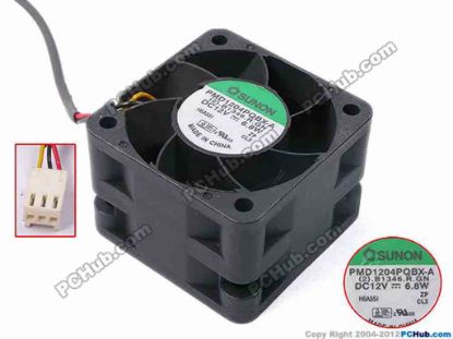 78820 SUNON PMD1204PQBX-A Server - Square Fan (2).B1346.R.GN, sq40x28, w150x3x3, 12V 6.8W SUNON PMD1204PQBX-A Server - Square Fan 