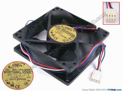 79823 ADDA AD0812UX-A7BGL Server - Square Fan S, H4, sq80x80x25, w300x4x4, 12V 0.33A ADDA AD0812UX-A7BGL Server - Square Fan 